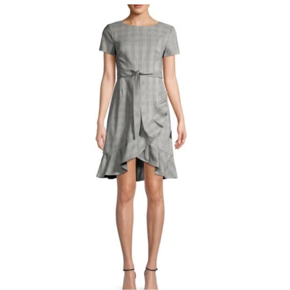 Calvin Klein Boat Neck Short Sleeve Belted Ruffle Hem Faux Wrap Dress Sz 6P NWOT